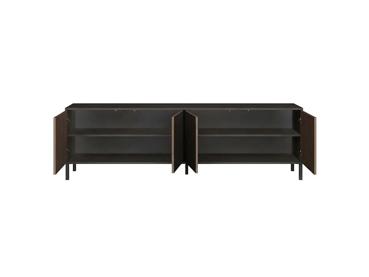 Meuble TV gris lave et aspect bois relief effet tasseaux pieds métal - TICORIA