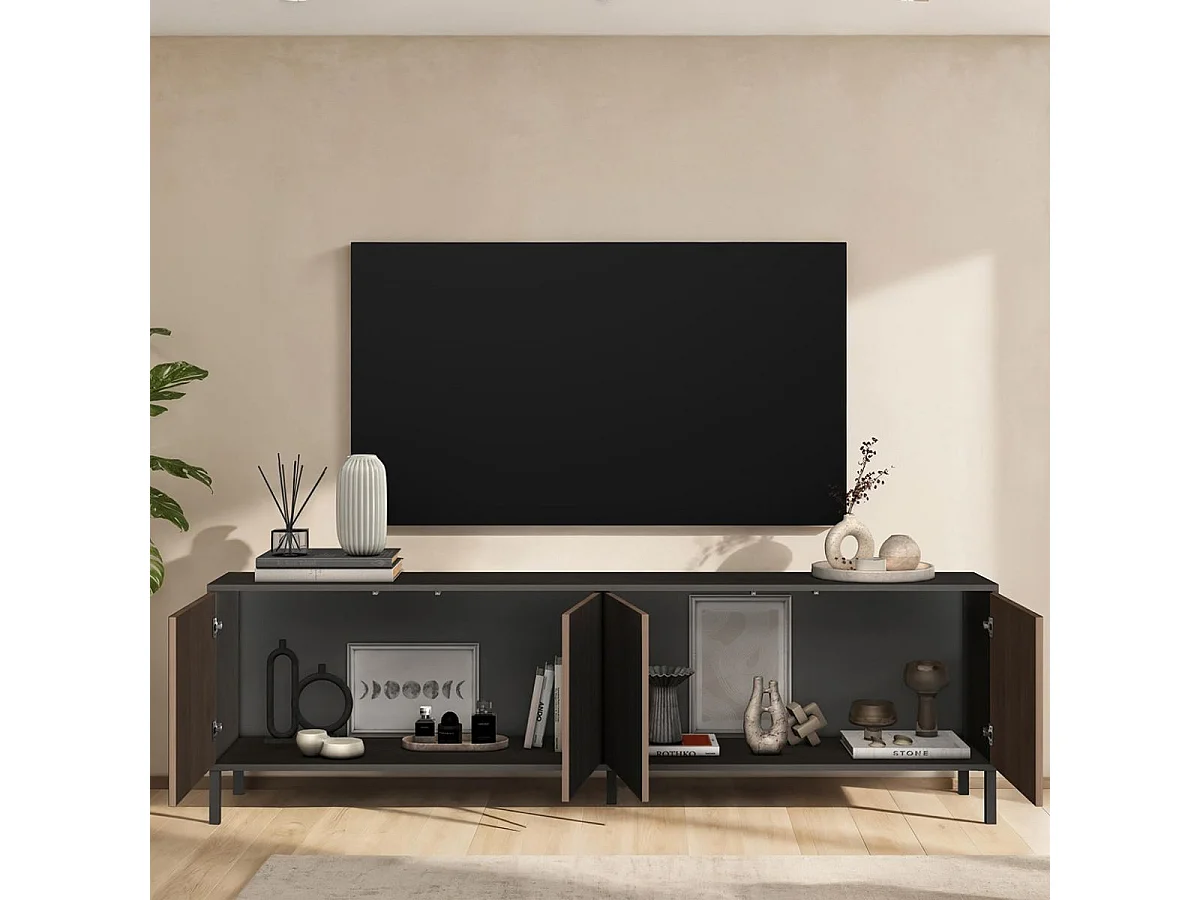 Meuble TV gris lave et aspect bois relief effet tasseaux pieds métal - TICORIA