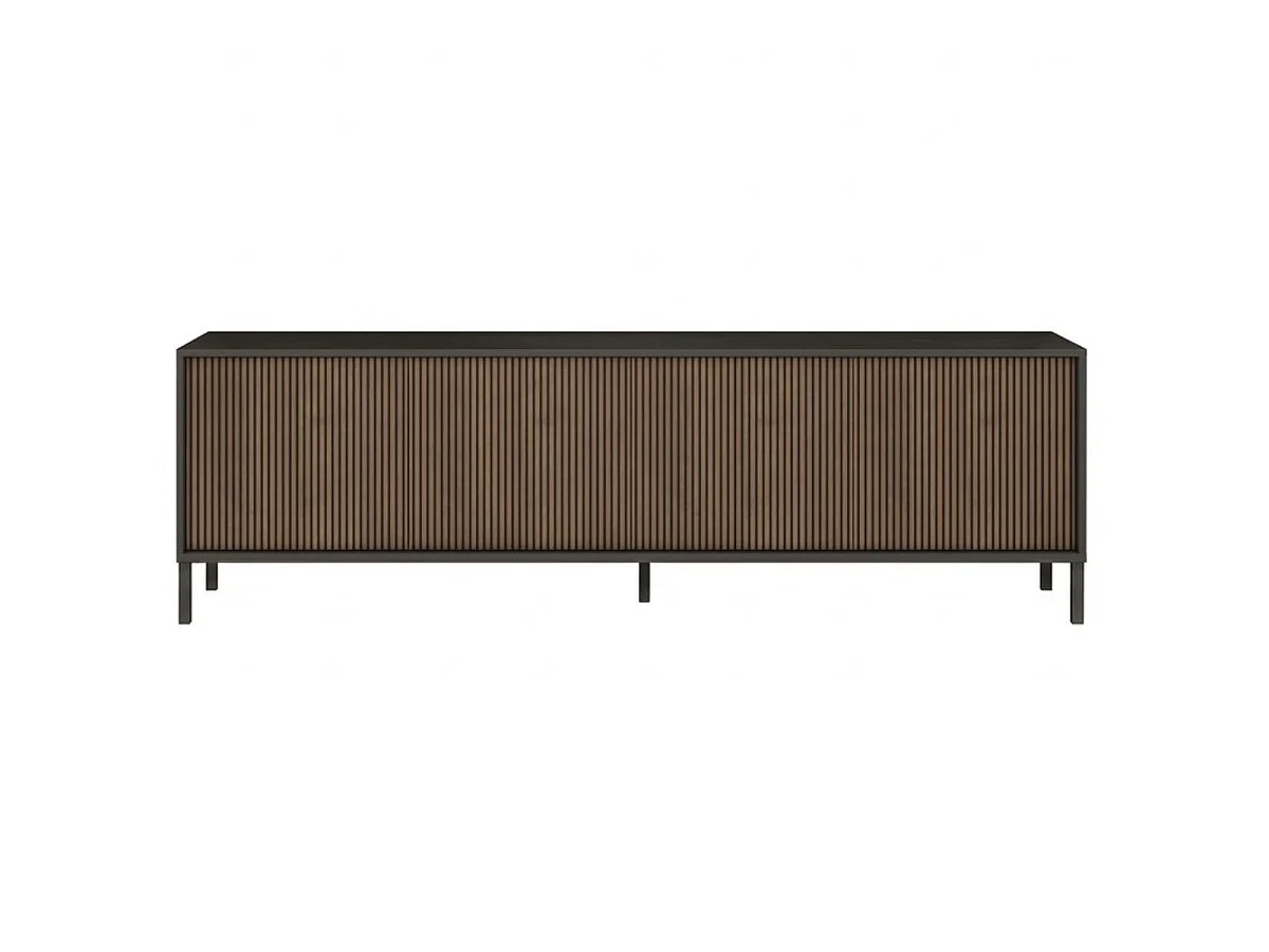 Meuble TV gris lave et aspect bois relief effet tasseaux pieds métal - TICORIA