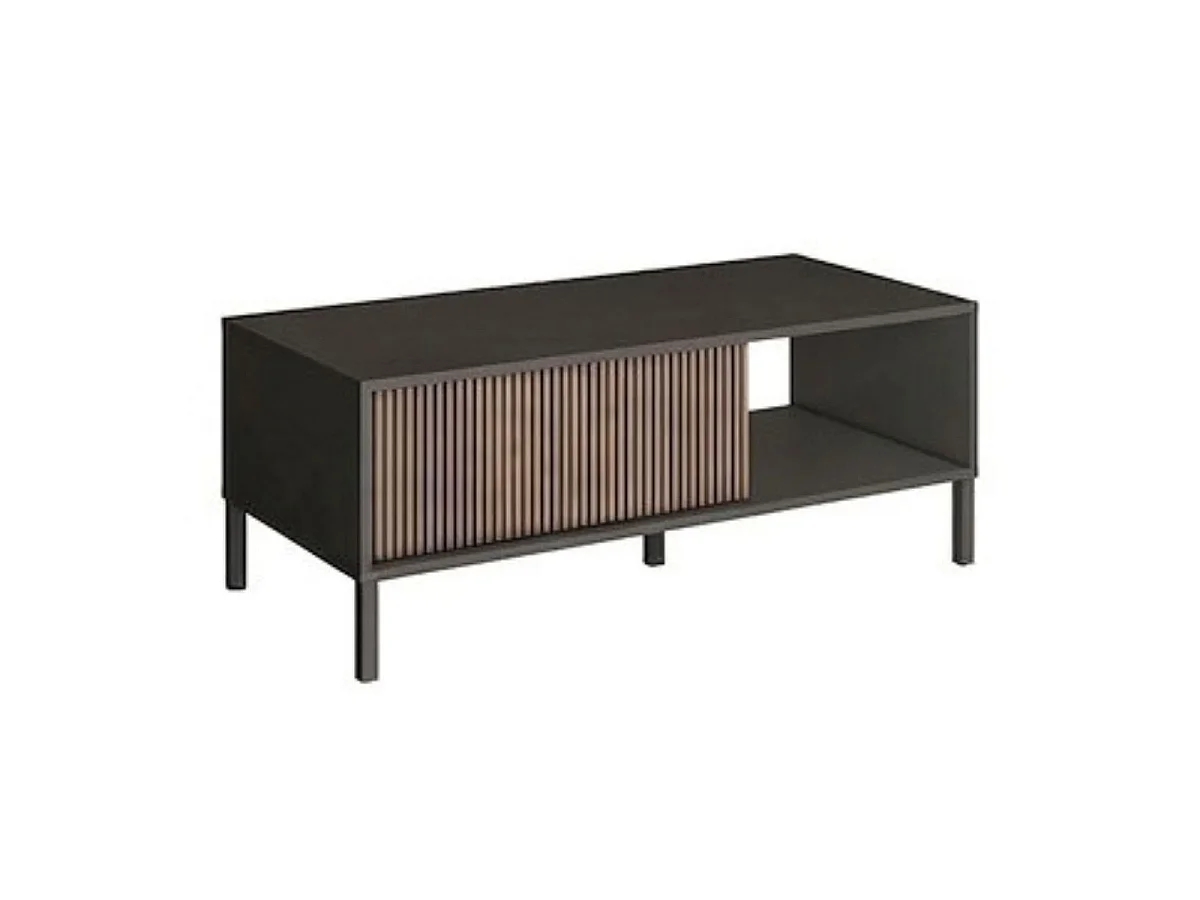 Table basse gris lave et aspect bois relief effet tasseaux pieds métal - TICORIA