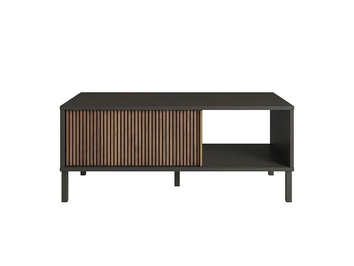 Table basse gris lave et aspect bois relief effet tasseaux pieds métal - TICORIA