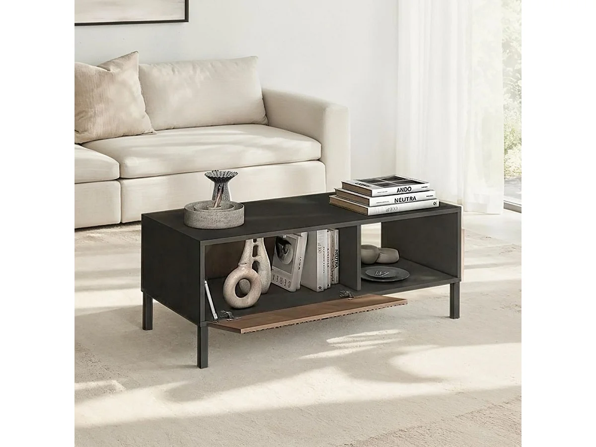 Table basse gris lave et aspect bois relief effet tasseaux pieds métal - TICORIA