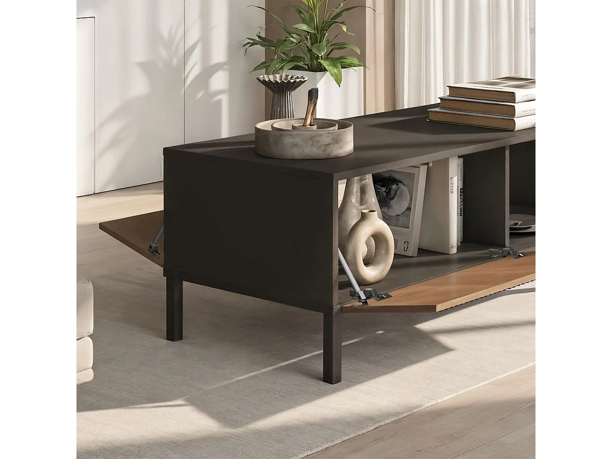 Table basse gris lave et aspect bois relief effet tasseaux pieds métal - TICORIA