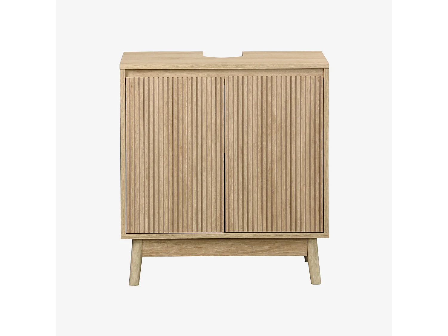 Meuble sous lavabo Linear naturel 2 portes. façades striées. pieds bois de pin. 65 x 40 x 70 cm