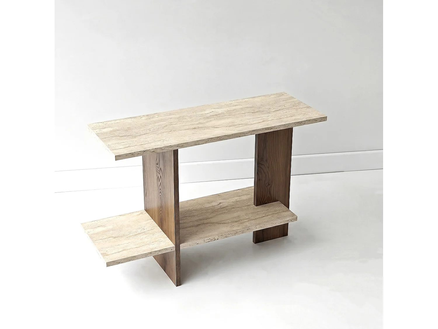 Elegante Tavolino in Travertino e Noce "Essenziale" - 80 x 55 x 30 cm