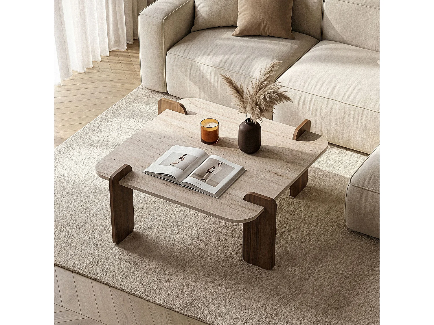 Houten salontafel "Marais" - 117 x 35 x 117 cm - Travertijn / Venezia-notenhout
