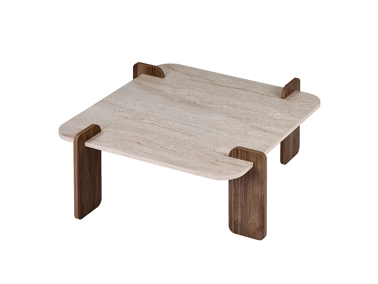 Houten salontafel "Marais" - 117 x 35 x 117 cm - Travertijn / Venezia-notenhout