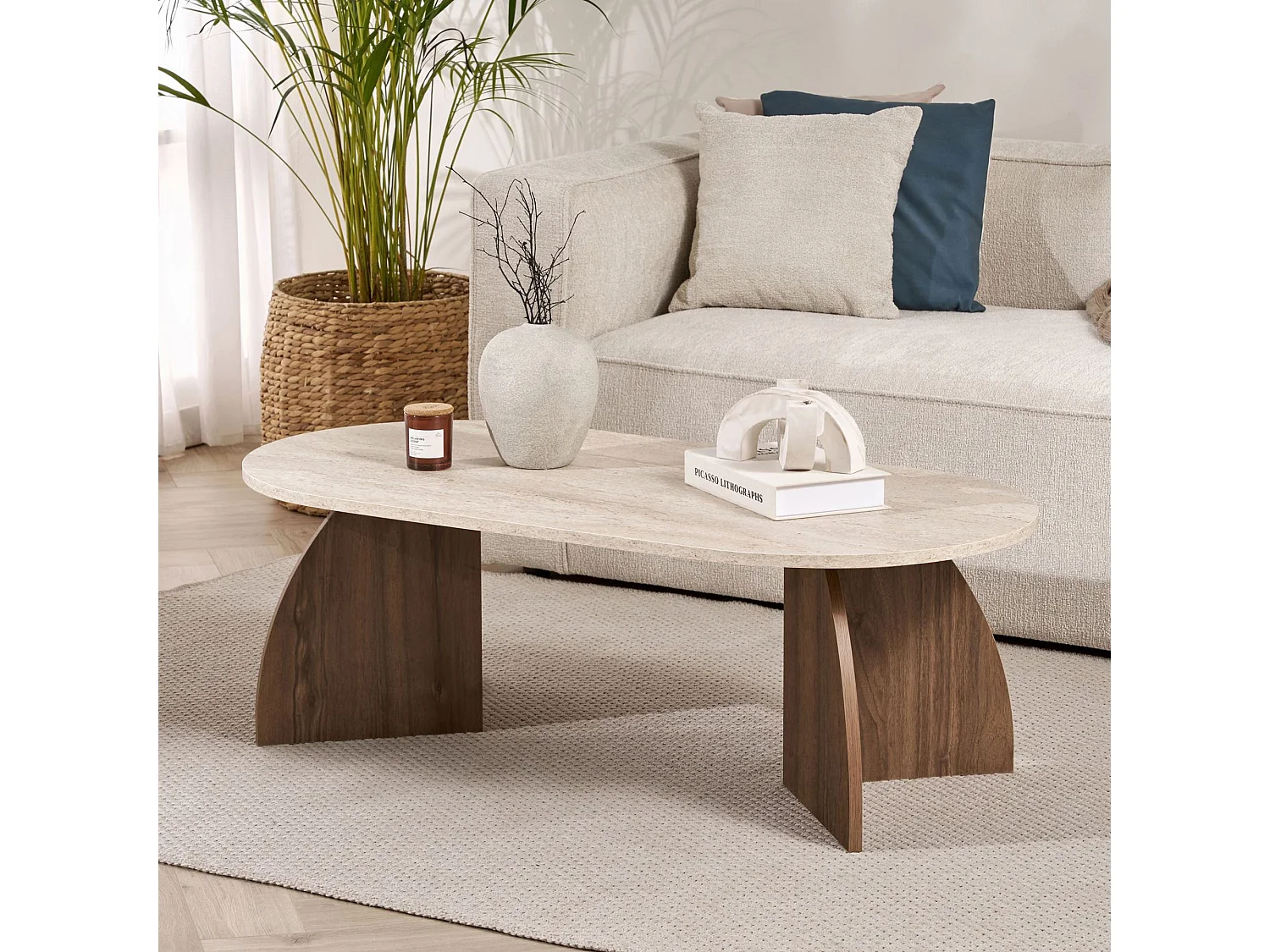 Houten salontafel "Melina" - 120 x 40 x 60 cm - Travertijn / Venezia-notenhout