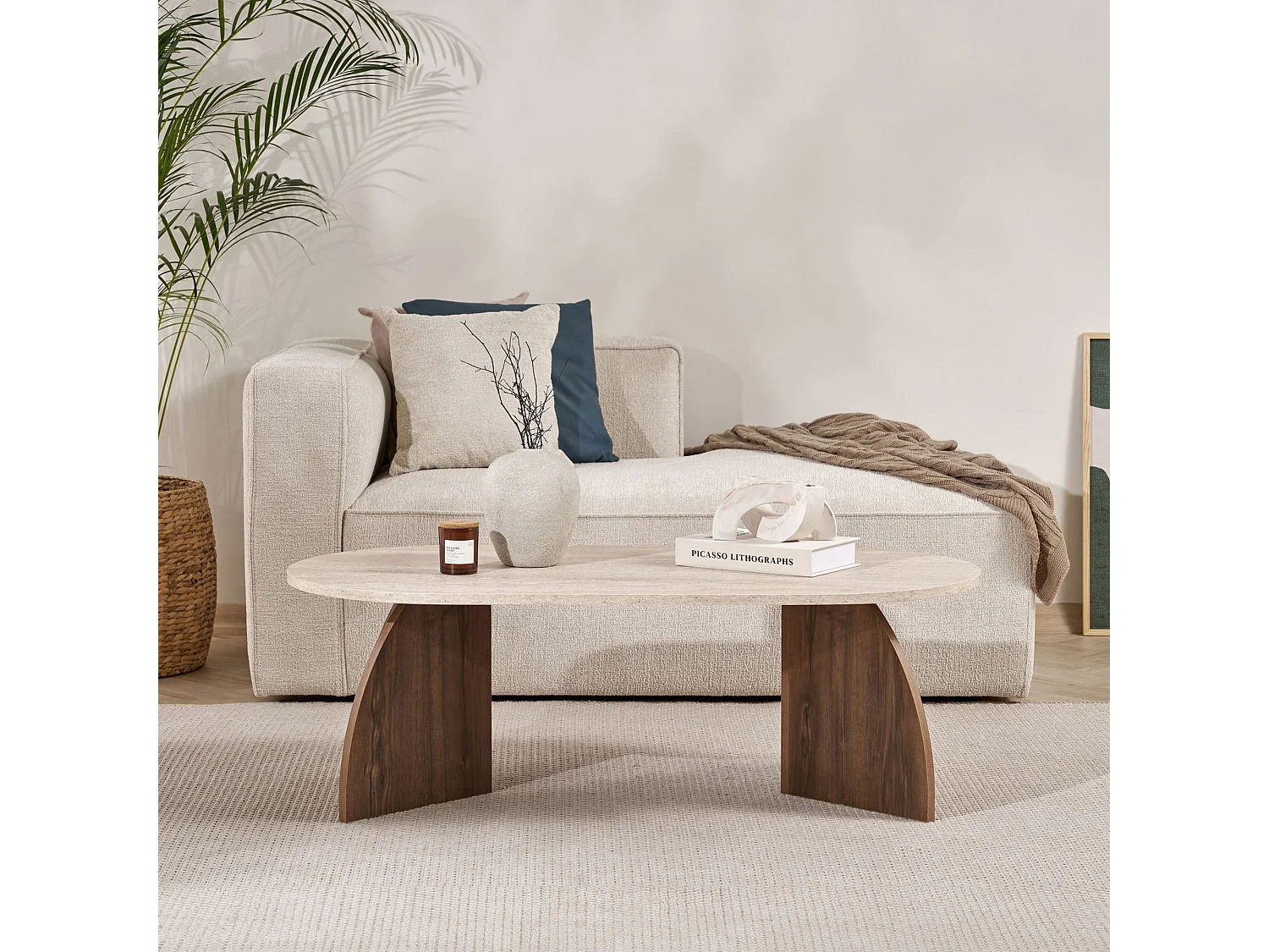 Houten salontafel "Melina" - 120 x 40 x 60 cm - Travertijn / Venezia-notenhout