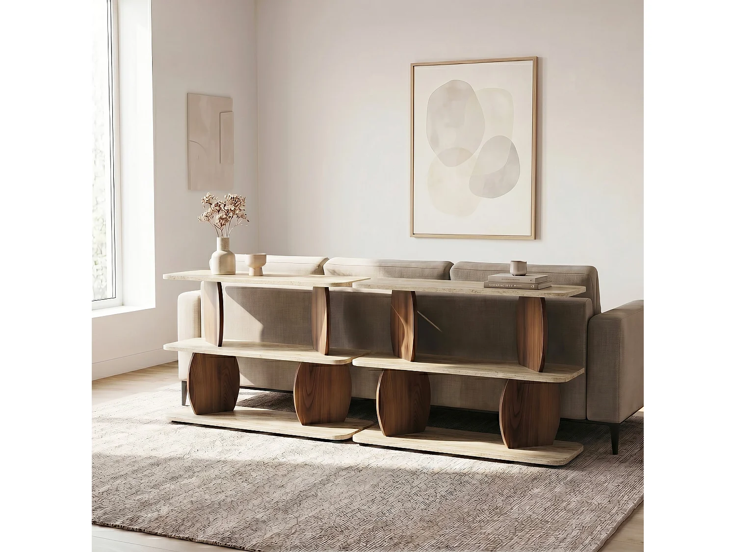 "Armonia" Trä Sidobord - Travertin/Nöt - 90 x 70 x 30 cm - Modern Stil