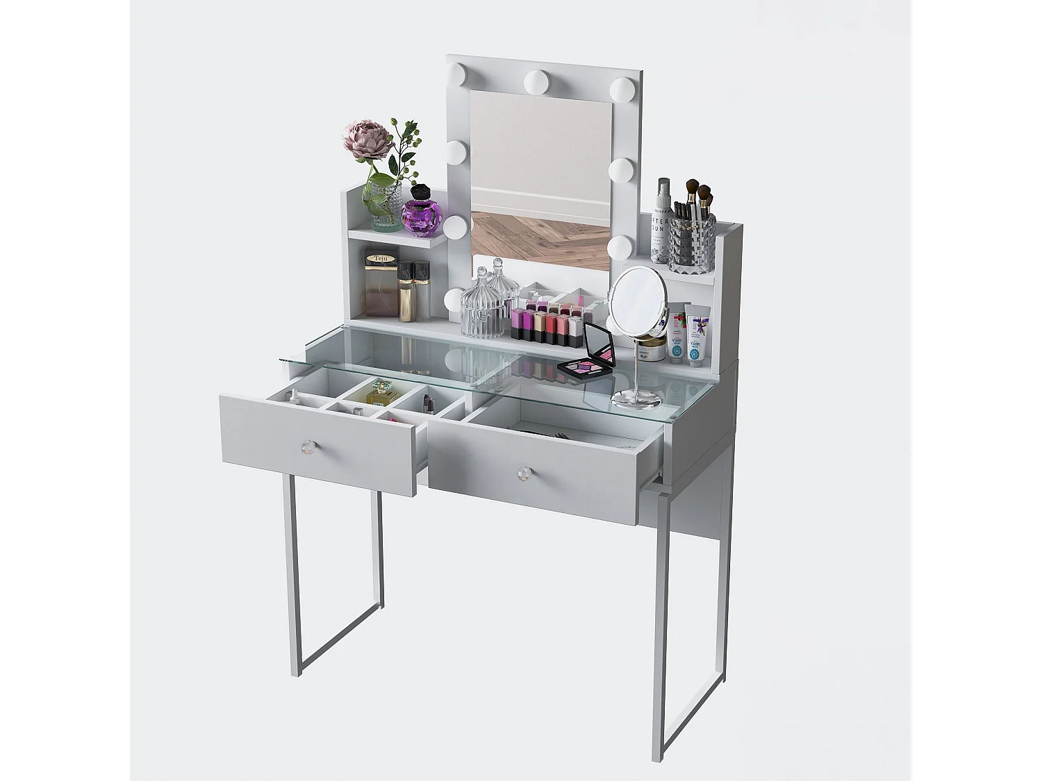Eleganter Weißer Schminktisch mit 9 Plätzen - BJ145 - 90 x 136,8 x 40 cm