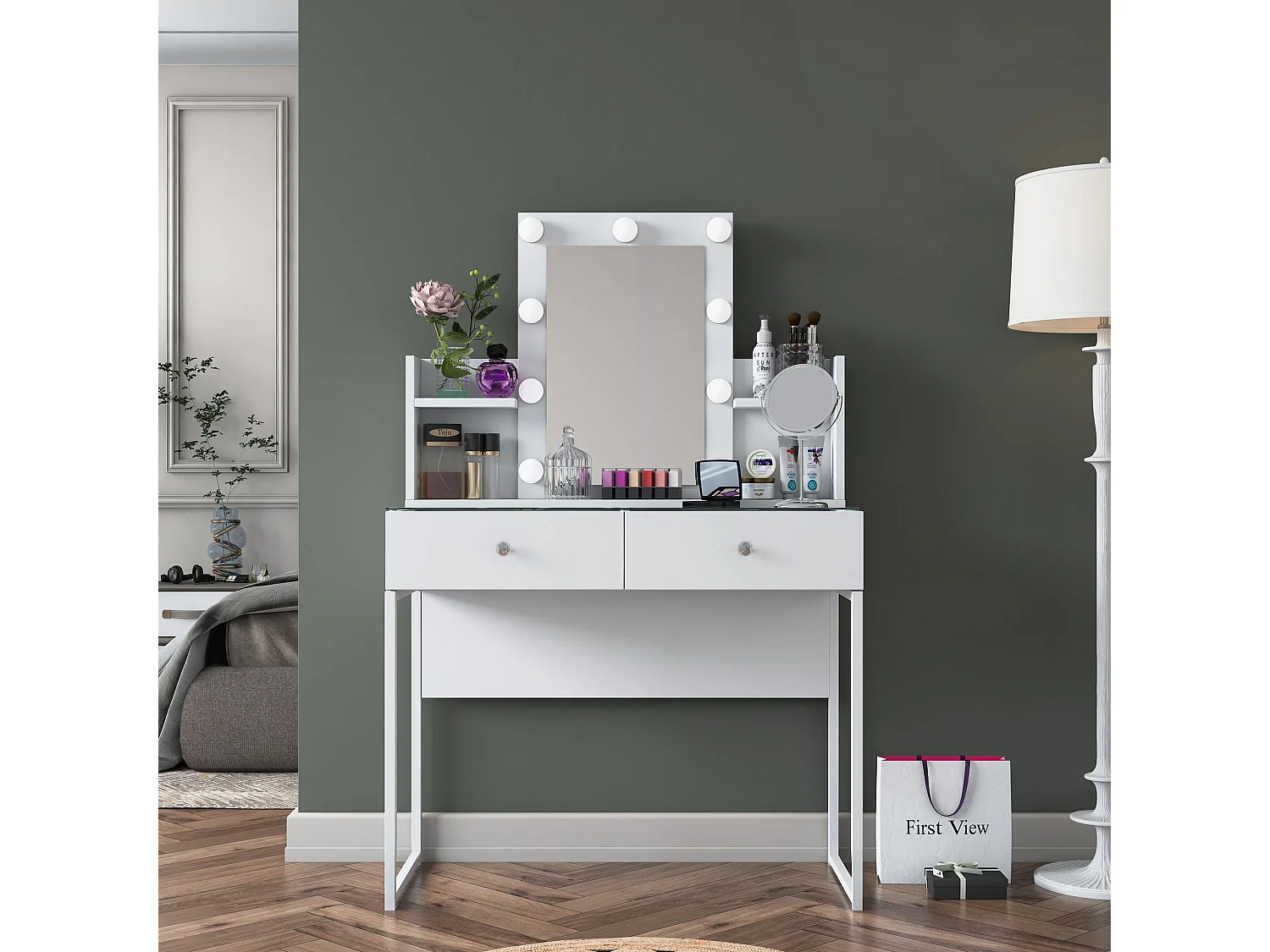 Eleganter Weißer Schminktisch mit 9 Plätzen - BJ145 - 90 x 136,8 x 40 cm