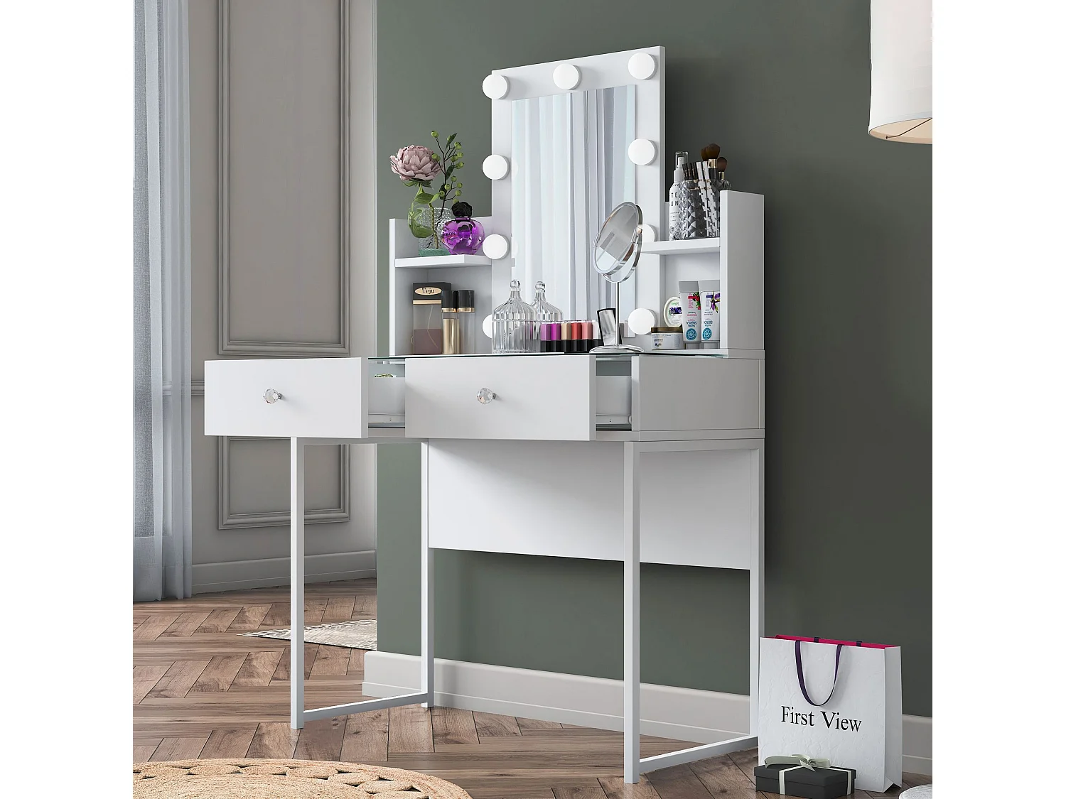 Eleganter Weißer Schminktisch mit 9 Plätzen - BJ145 - 90 x 136,8 x 40 cm