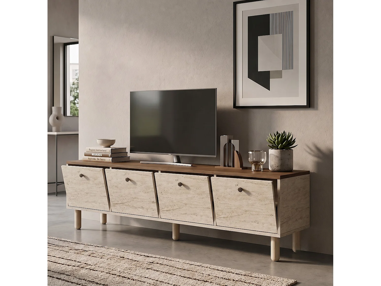 Elegant Trä TV-stativ "Pura" - Travertin / Valnöt - 180 x 50 x 40 cm
