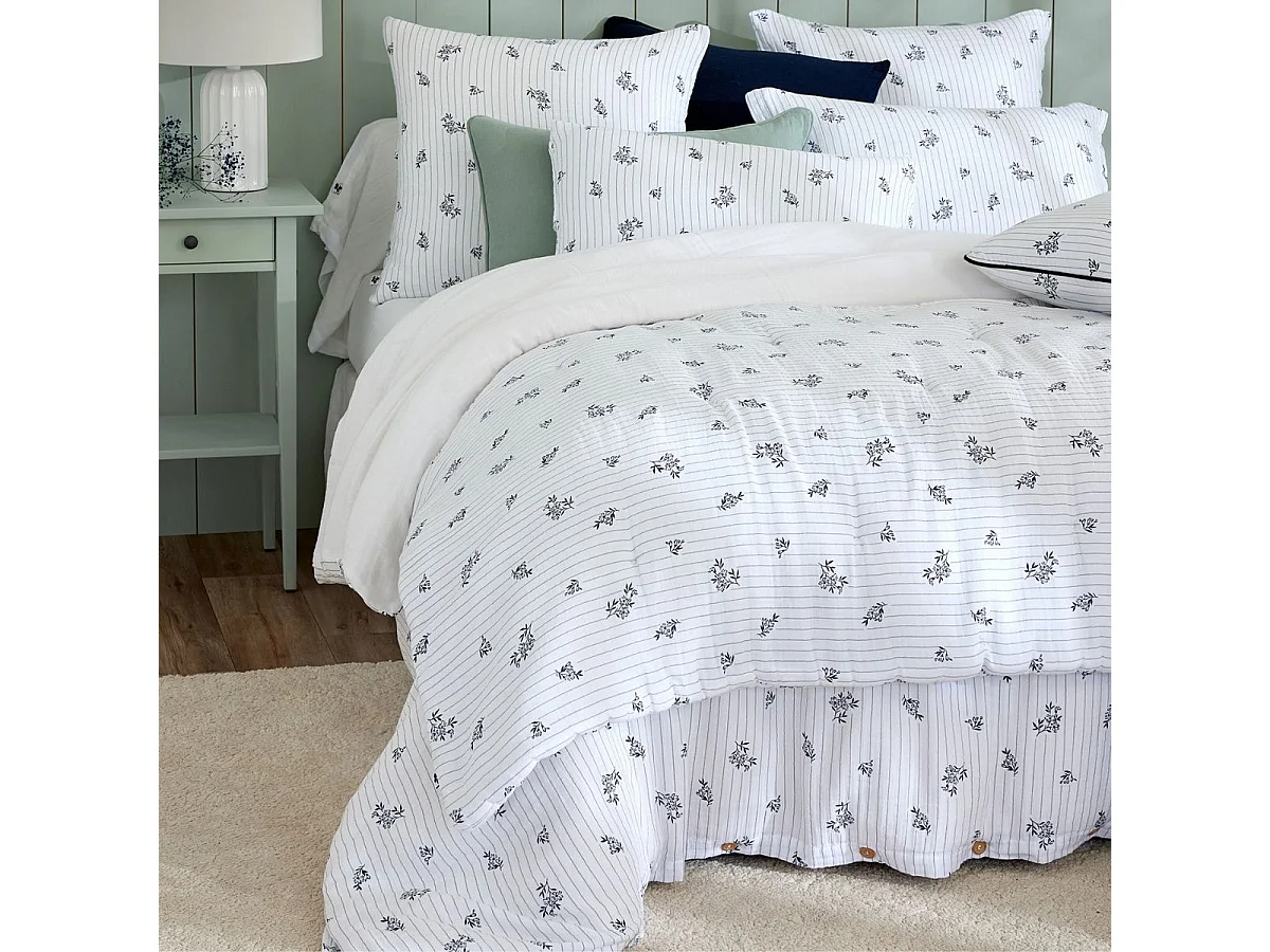 Housse de couette 140x200cm gaze de coton blanc fleurs marine - ALIENOR