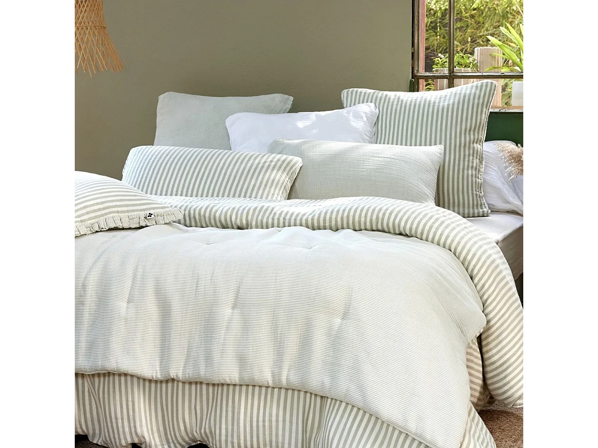 Taie d'oreiller 60x60cm gaze de coton tissé rayé eucalyptus - ROMELIA