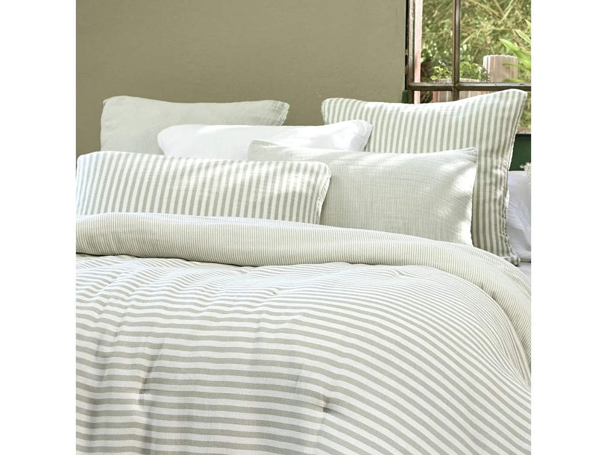 Taie d'oreiller 60x60cm gaze de coton tissé rayé eucalyptus - ROMELIA