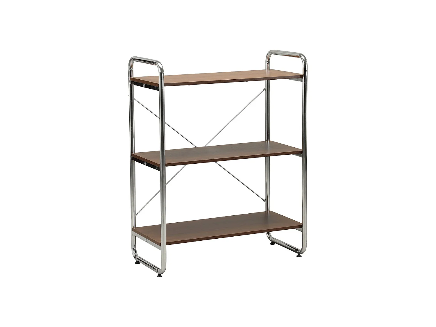 Scaffale libreria in metallo cromato ed effetto legno, 3 livelli, Lennox, Noce, 80x40x103.5 cm