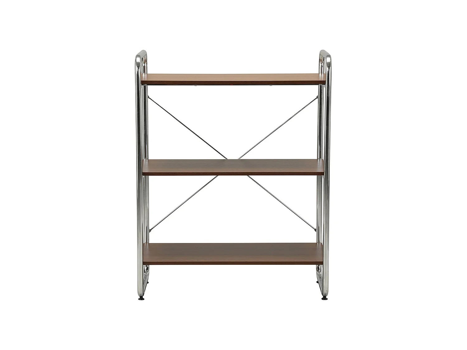 Scaffale libreria in metallo cromato ed effetto legno, 3 livelli, Lennox, Noce, 80x40x103.5 cm
