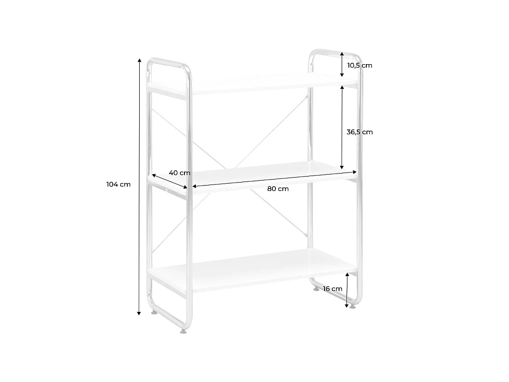 Scaffale libreria in metallo cromato ed effetto legno, 3 livelli, Lennox, Noce, 80x40x103.5 cm