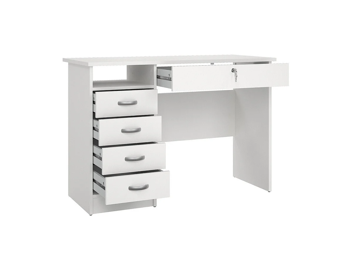 Bureau moderne blanc avec 5 tiroirs et serrure - 109,3 cm