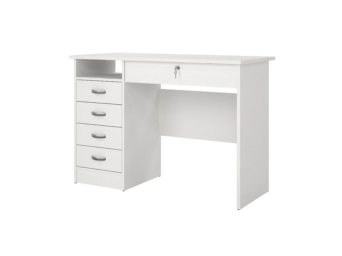 Bureau moderne blanc avec 5 tiroirs et serrure - 109,3 cm