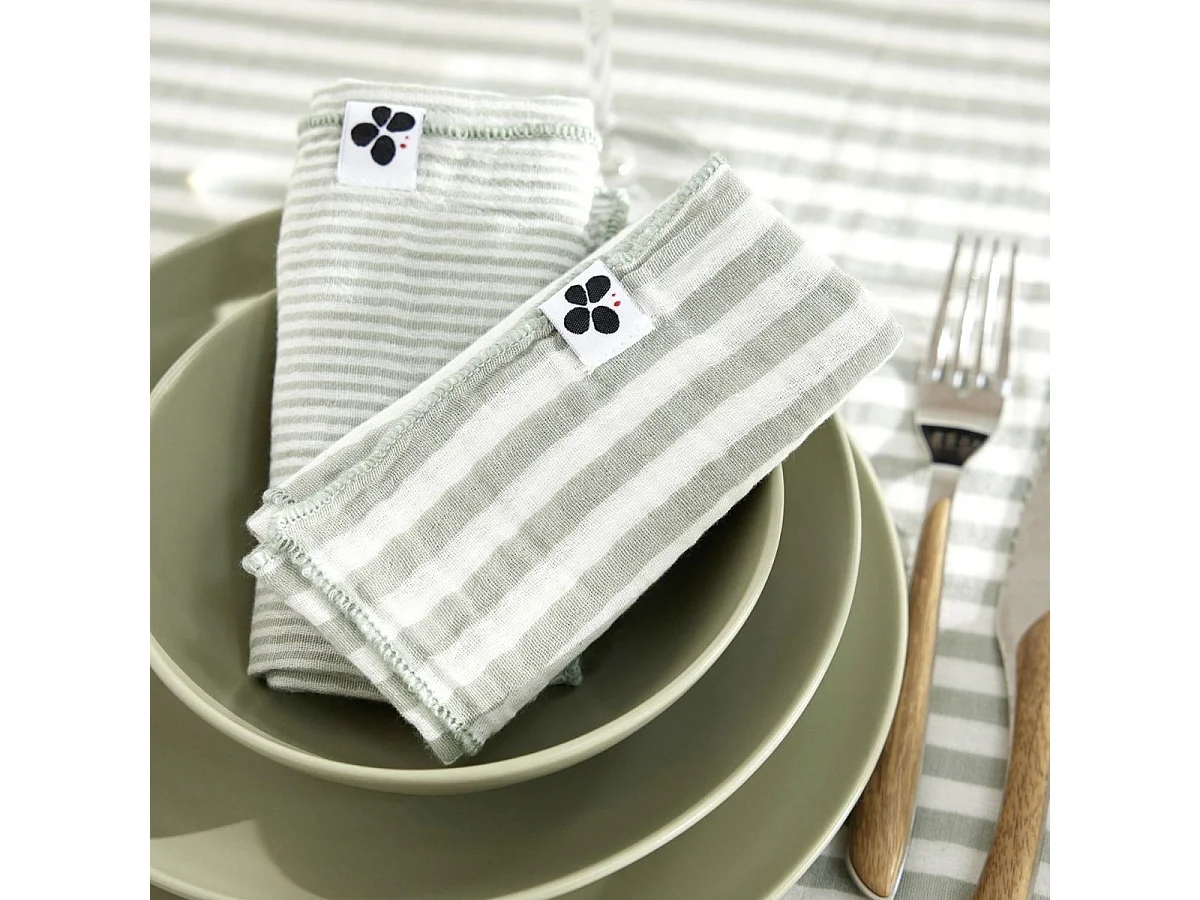 Lot de 3 serviettes 40x40cm gaze de coton rayé eucalyptus - ROMELIA