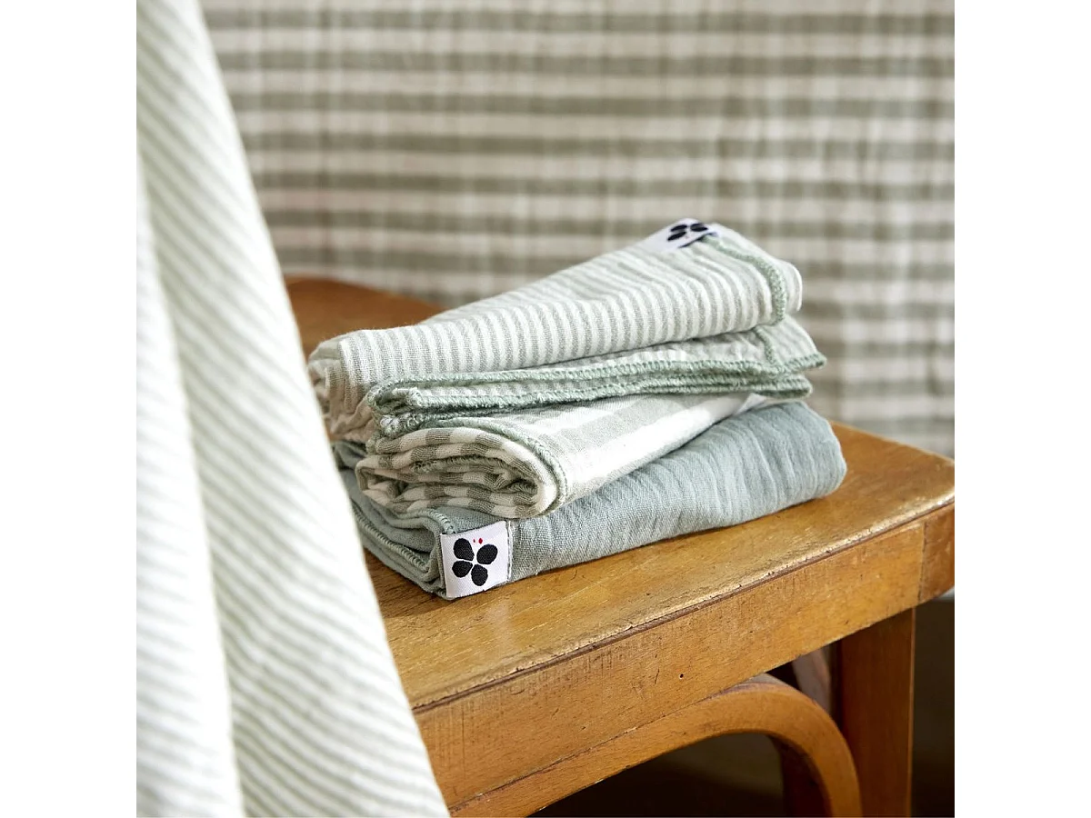 Lot de 3 serviettes 40x40cm gaze de coton rayé eucalyptus - ROMELIA