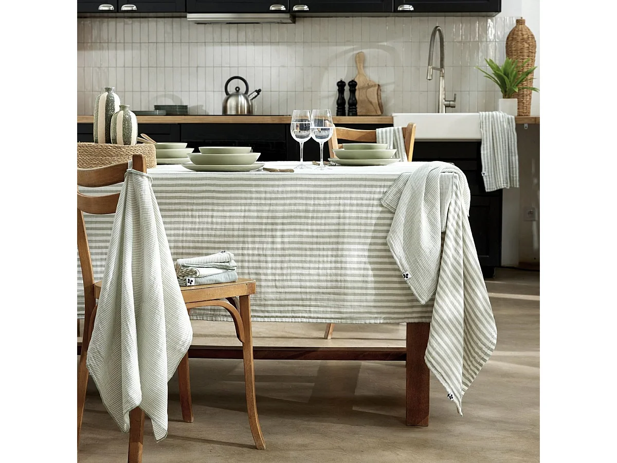 Lot de 3 serviettes 40x40cm gaze de coton rayé eucalyptus - ROMELIA