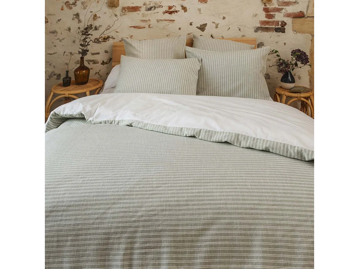 Housse de couette 260x240cm coton texturé rayé sauge - GABRIEL