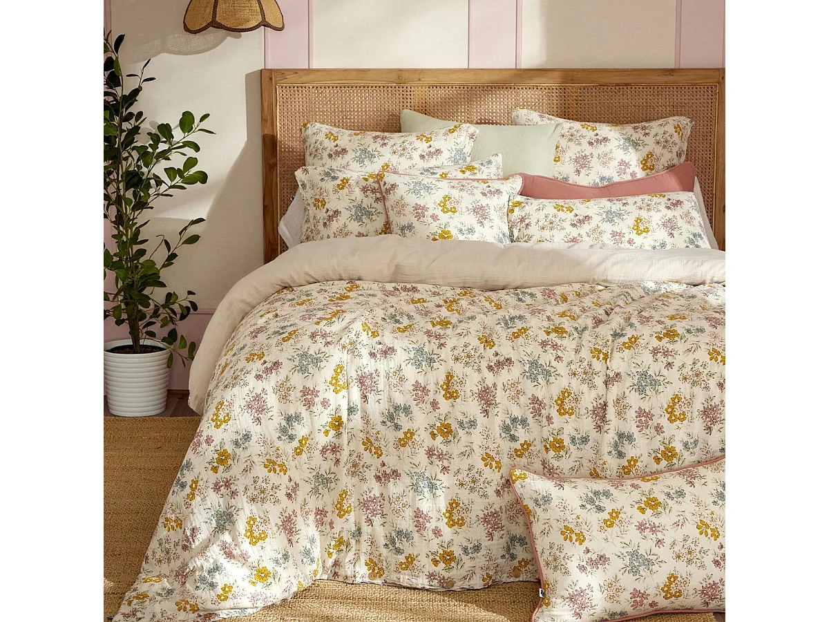 Housse de couette 140x200cm gaze de coton pampa et fleurie - ADELYS