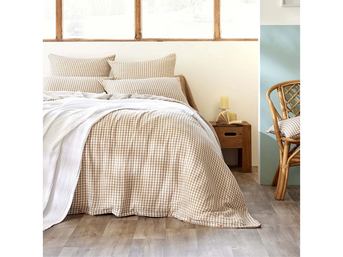 Housse de couette réversible 140x200cm gaze de coton vichy ficelle - JOEL