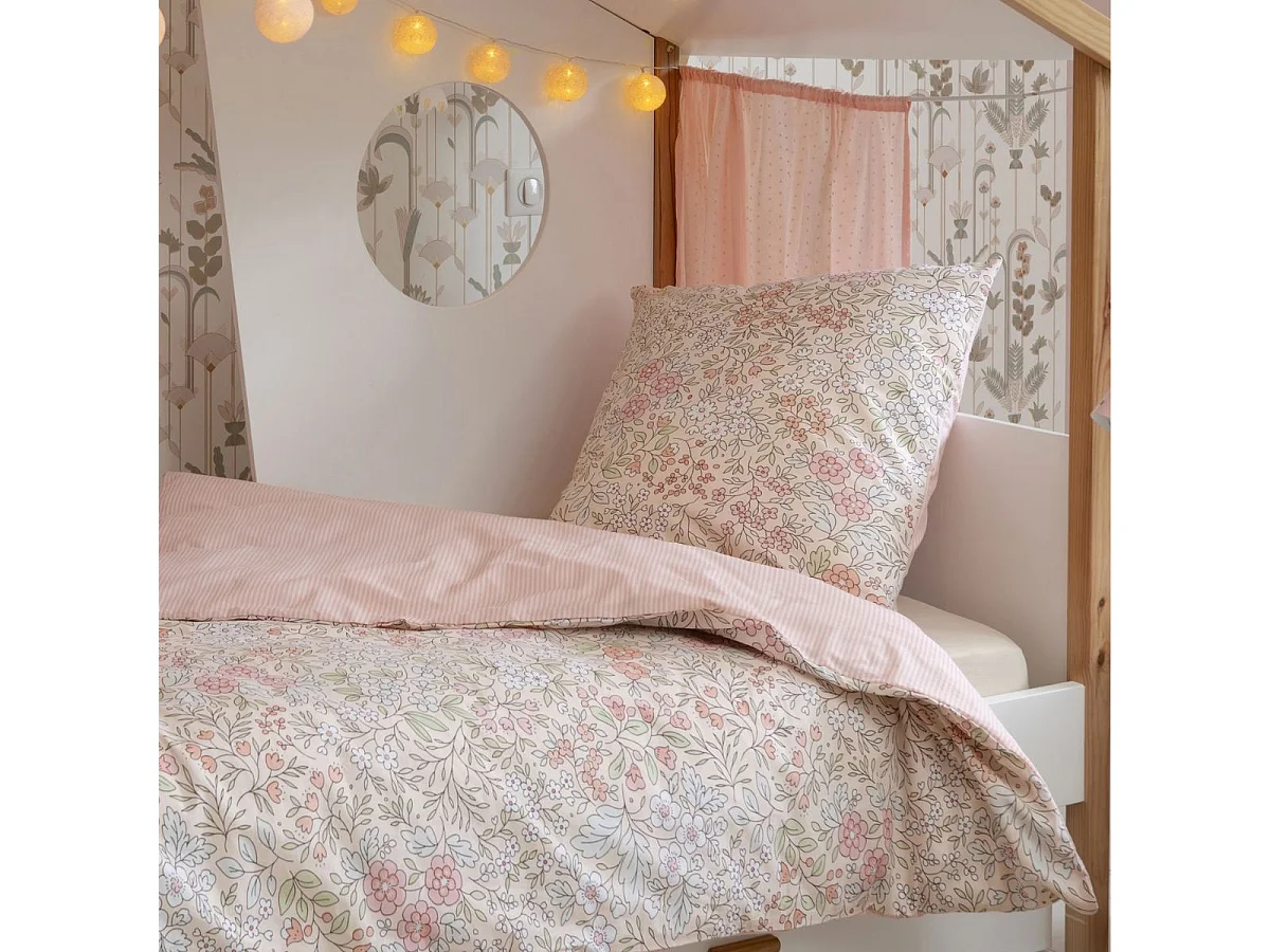 Parure de lit 140x200cm + 1 taie d'oreiller 63x63cm rose motifs floral  - MARJOLAINE