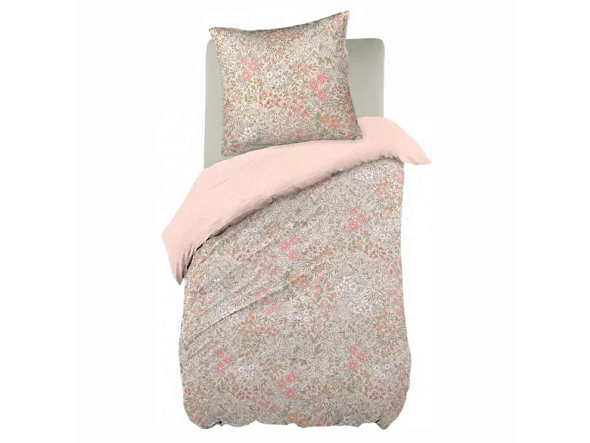 Parure de lit 140x200cm + 1 taie d'oreiller 63x63cm rose motifs floral  - MARJOLAINE