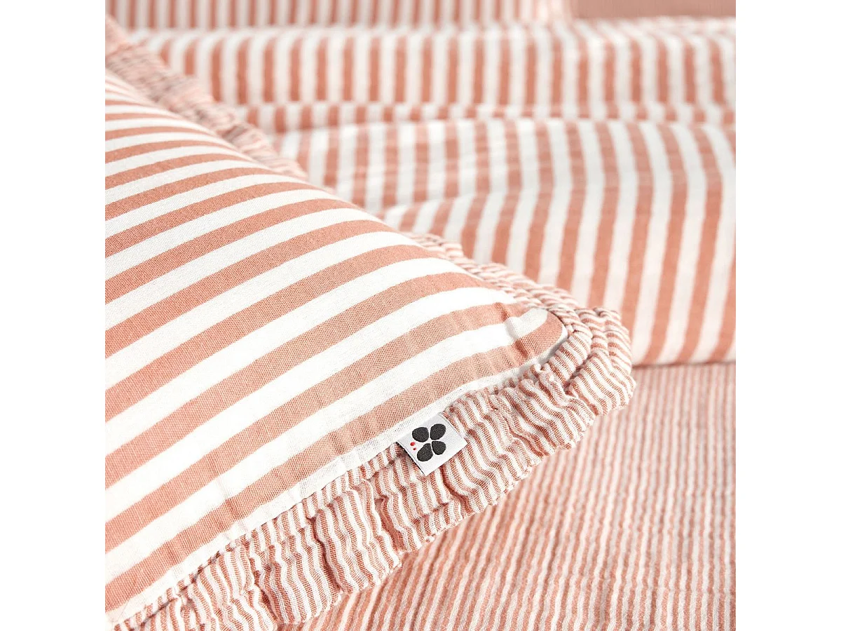 Coussin déhoussable 45x45cm gaze de coton tissé rayé abricot - ROMELIA