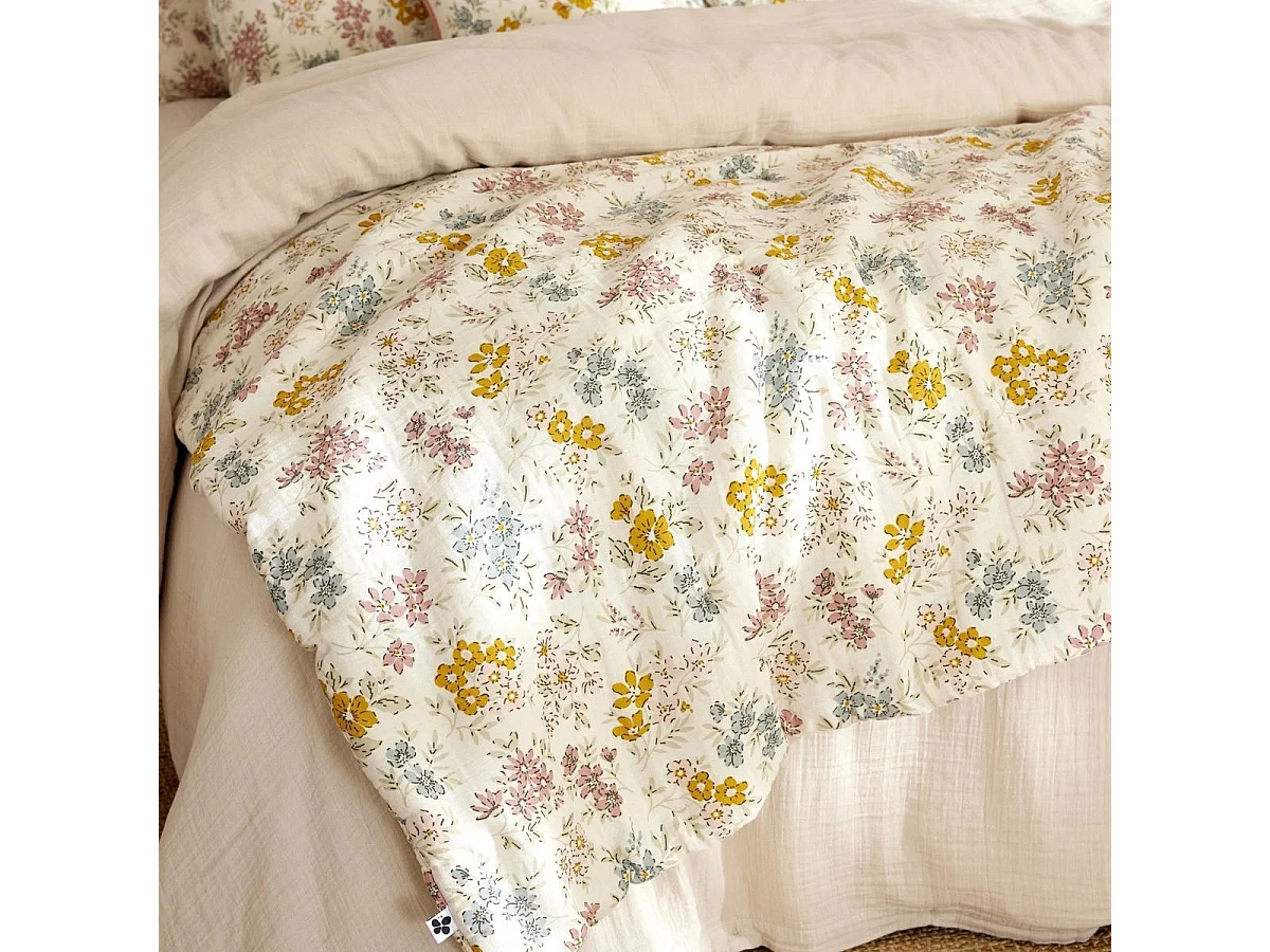 Chemin de lit 90x200cm gaze de coton pampa et fleurie - ADELYS