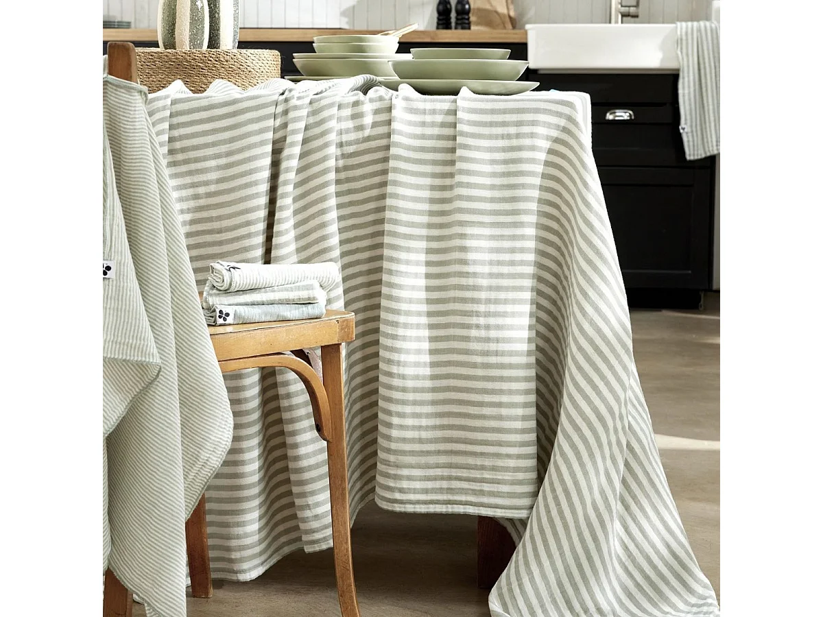 Nappe rectangulaire 150x250cm gaze de coton rayé eucalyptus - ROMELIA