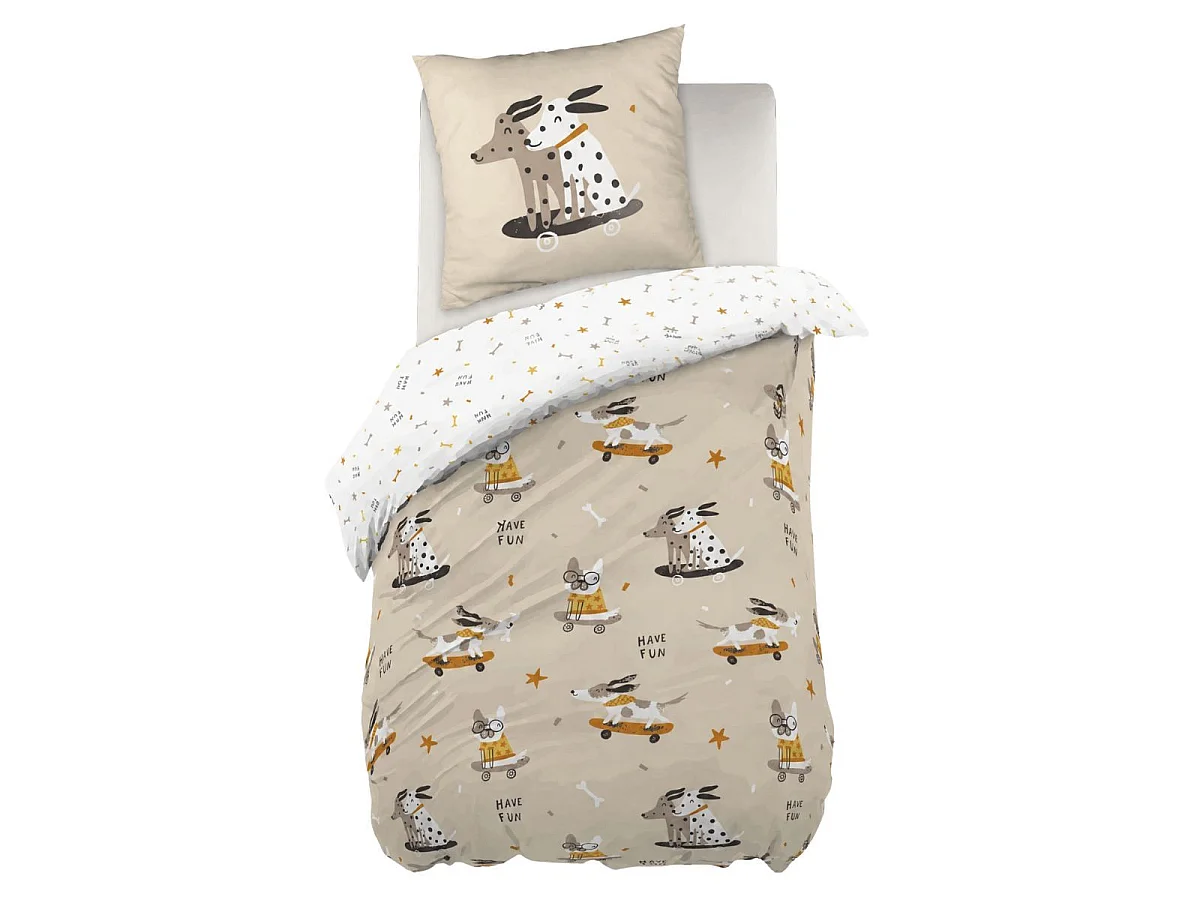 Parure de lit 140x200cm + 1 taies d'oreiller 63x63cm motif chiens skaters - BARNABE