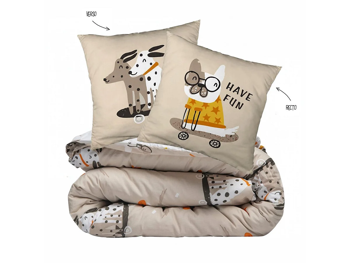 Parure de lit 140x200cm + 1 taies d'oreiller 63x63cm motif chiens skaters - BARNABE