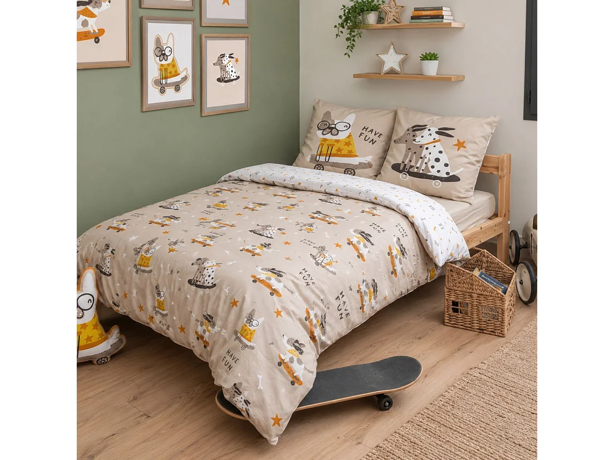 Parure de lit 200x200cm + 2 taies d'oreiller 63x63cm motif chiens skaters - BARNABE