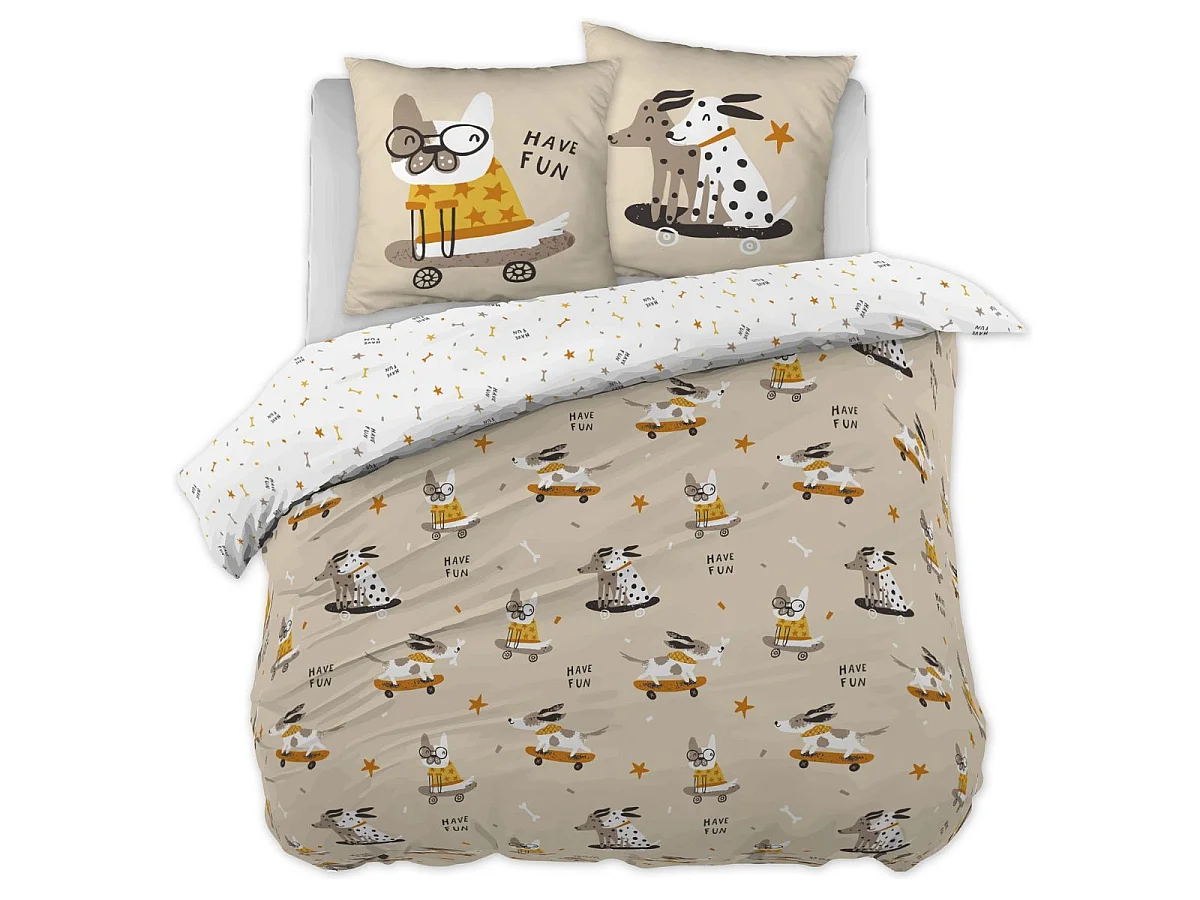 Parure de lit 200x200cm + 2 taies d'oreiller 63x63cm motif chiens skaters - BARNABE