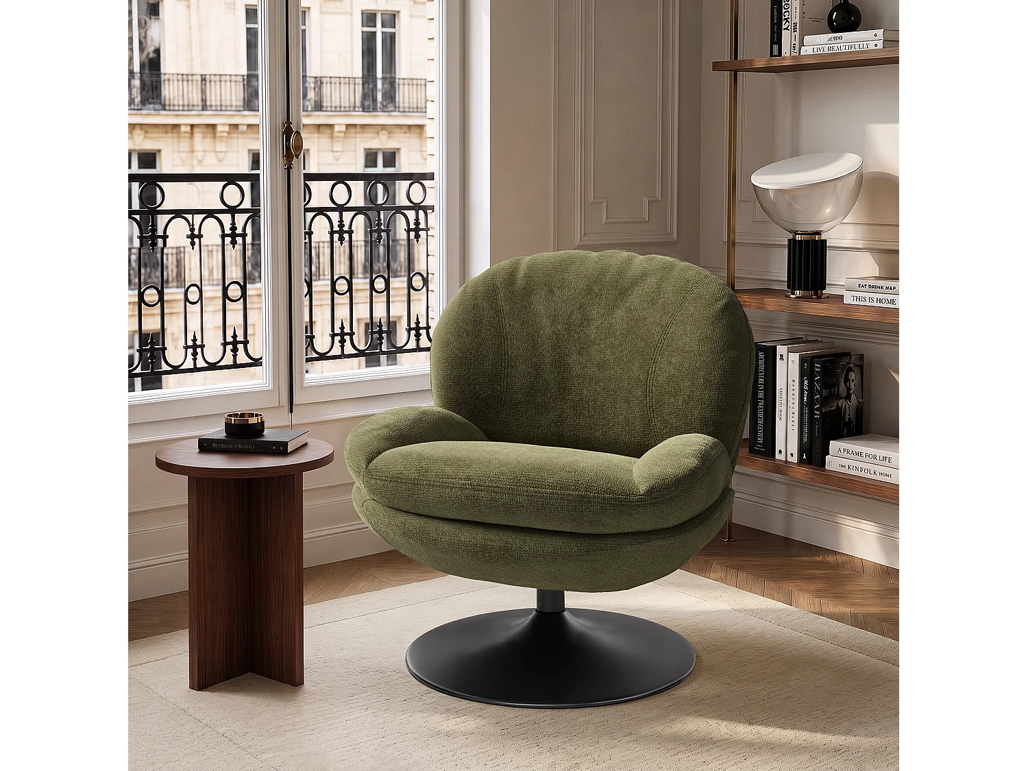 Fauteuil pivotant ASPEN en velours bouclé vert vintage