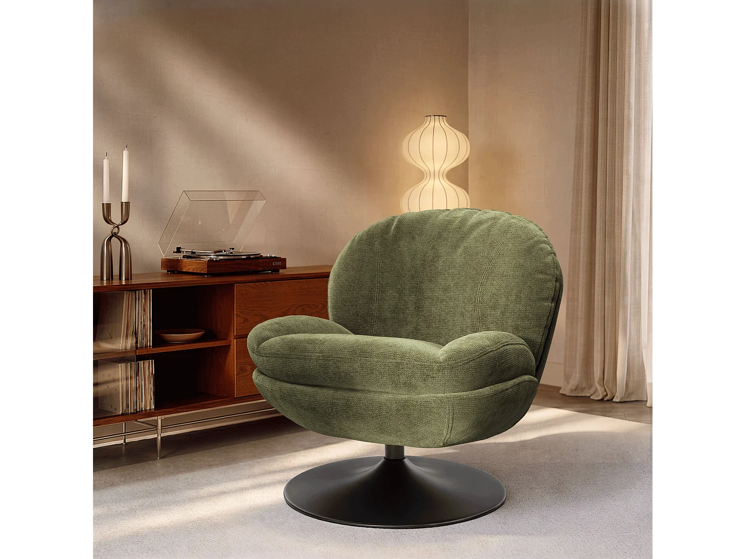 Fauteuil pivotant ASPEN en velours bouclé vert vintage