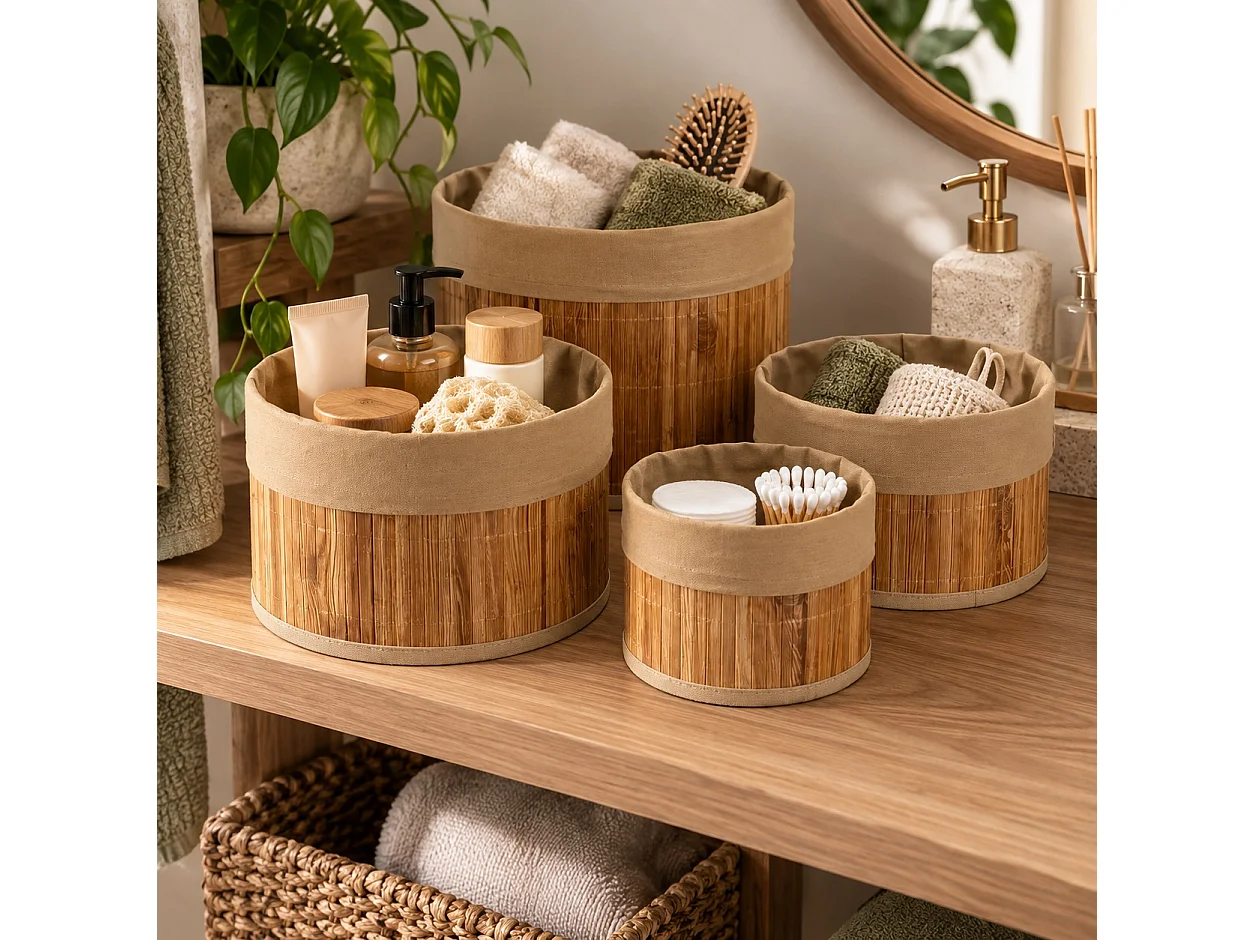 Lot de 4 Paniers de Rangement Ronds en Bambou et Tissu Marron,Corbeilles Multi-Usages Décoratives