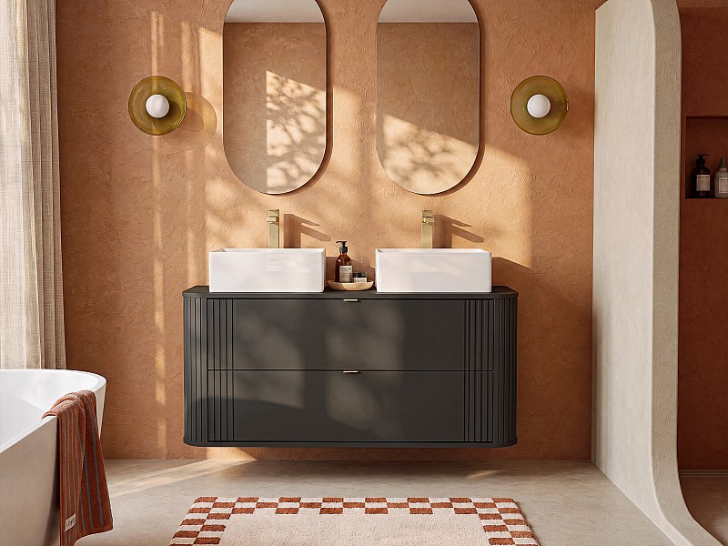 Black smooth and ribbed double countertop basin unit with square basins