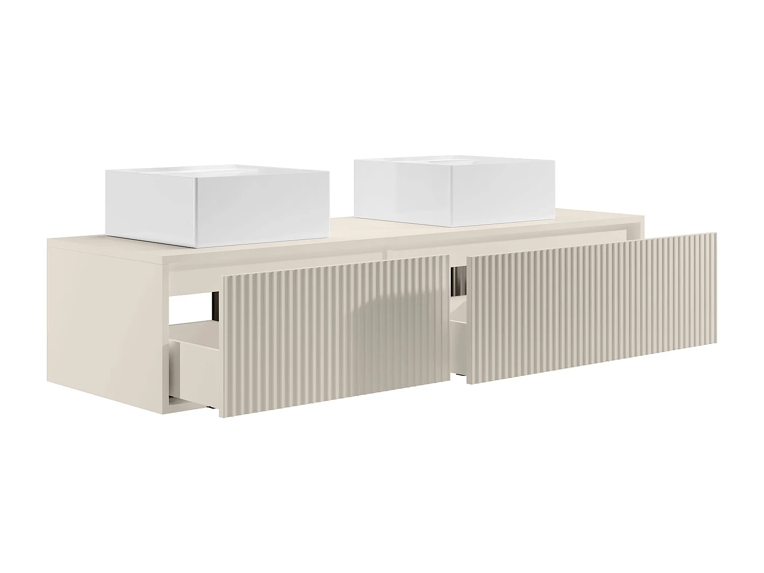 Meuble de salle de bain suspendu strié avec double vasque à poser carrée - Beige - 150 cm - ARNEGA