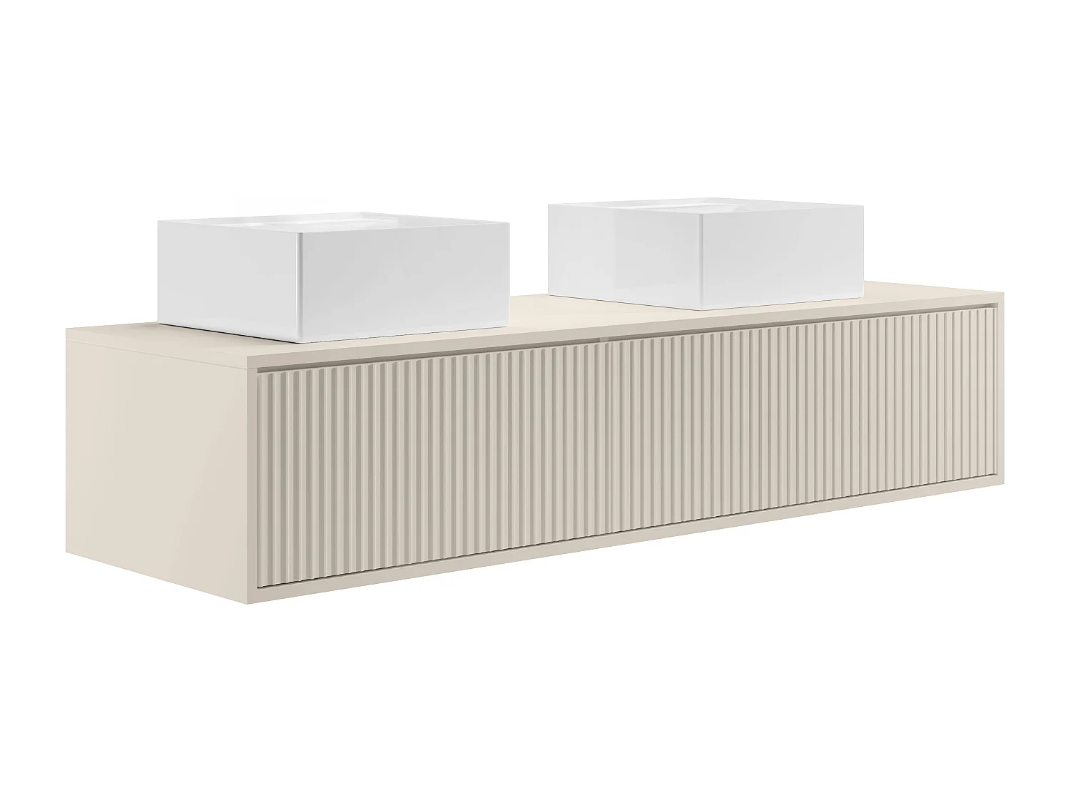 Meuble de salle de bain suspendu strié avec double vasque à poser carrée - Beige - 150 cm - ARNEGA