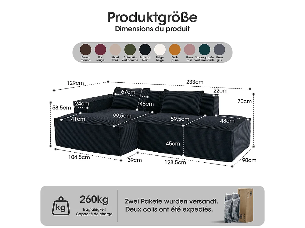 Canapé textile économique 235 cm avec coussins, assise ressorts ensachés et mousse haute densité