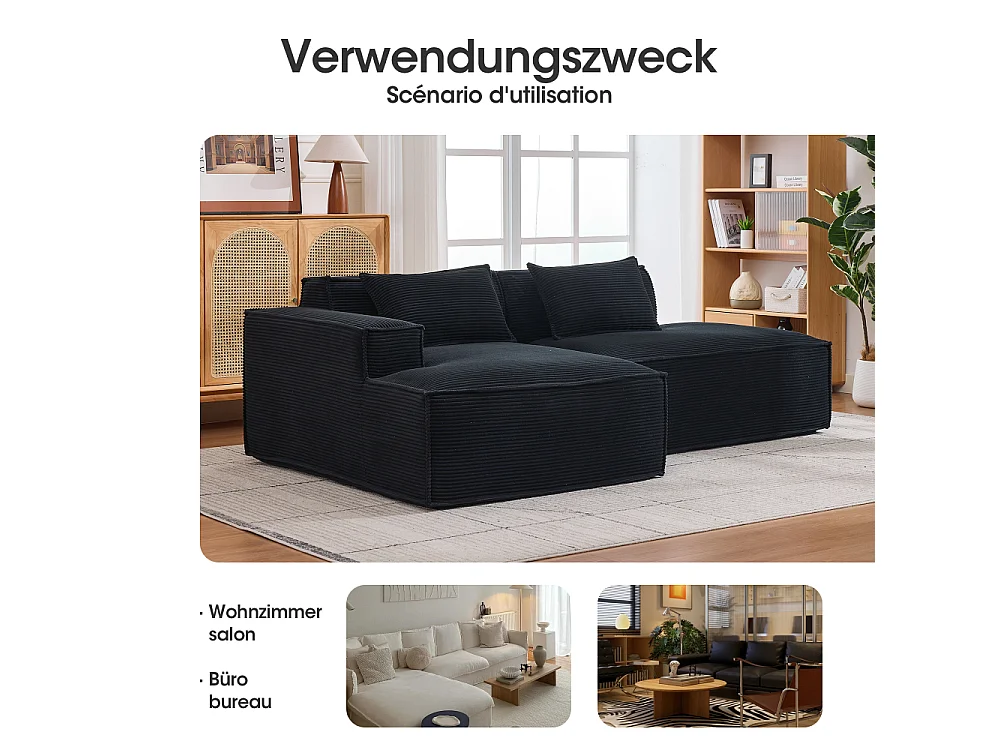 Canapé textile économique 235 cm avec coussins, assise ressorts ensachés et mousse haute densité