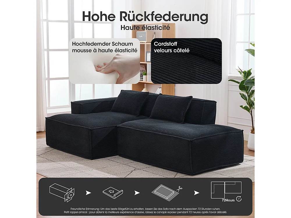 Canapé textile économique 235 cm avec coussins, assise ressorts ensachés et mousse haute densité